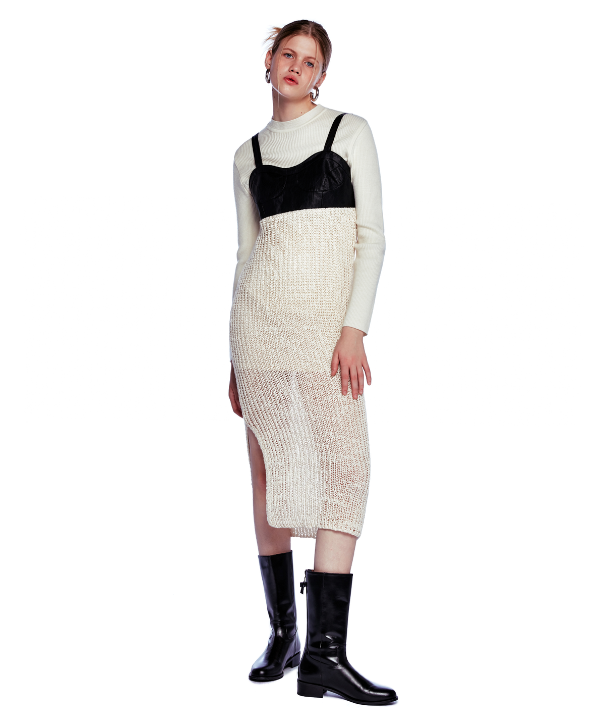 오아이오아이 컬렉션(OIOI COLLECTION) LEATHER MIXED KNIT ONEPIECE [IVORY]