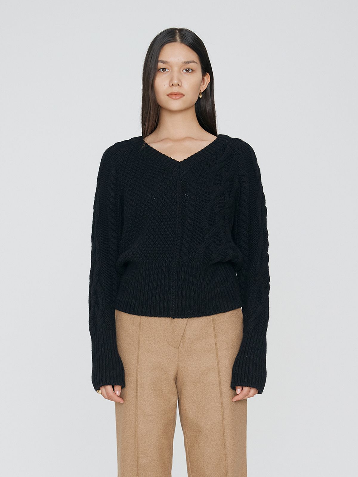 렘플레이스먼트(REMPLACEMENT) HALF & HALF CABLE V-NECK KNIT - BLACK