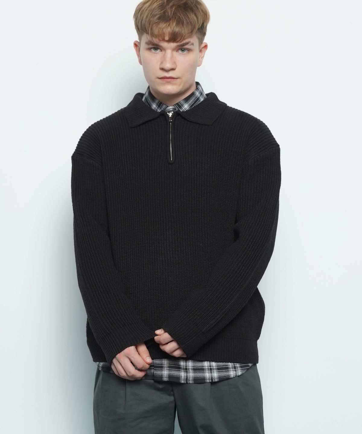 에이본(THE-ABON) M506 collar zipup knit black