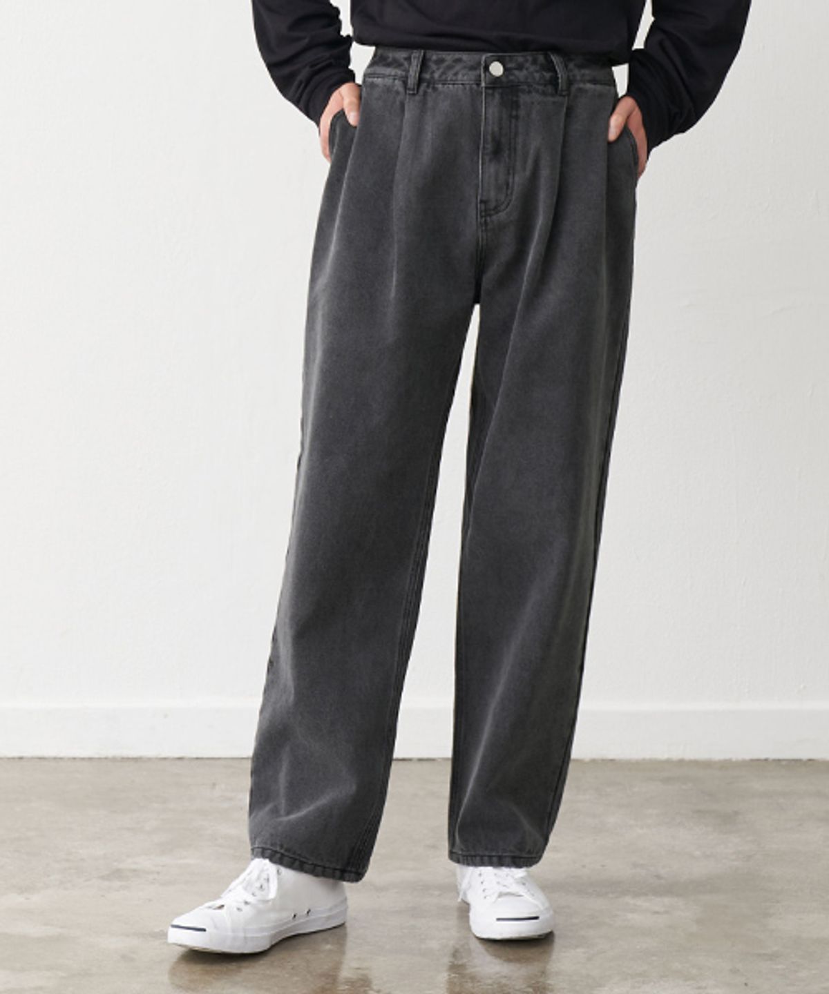 토피(TOFFEE) [TYPE JEAN] 원턱 와이드 데님 팬츠 (DEEP GREY)