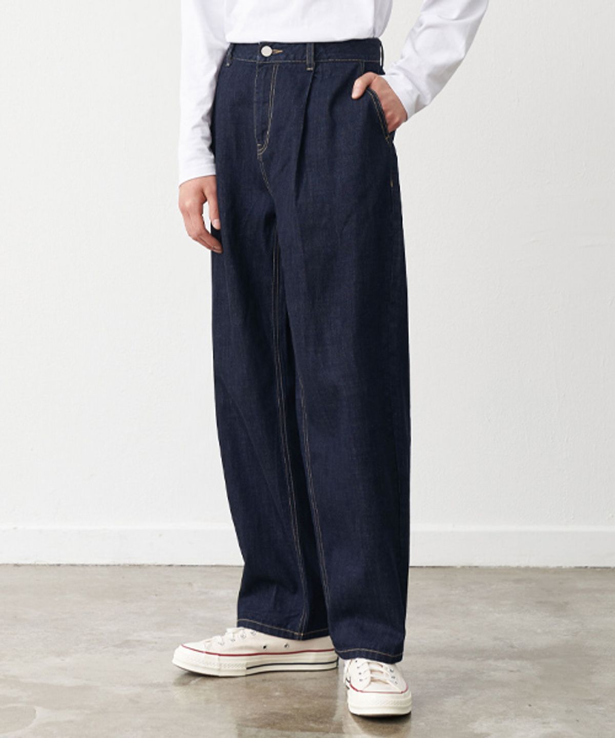 토피(TOFFEE) [TYPE JEAN] 원턱 와이드 데님 팬츠 (RAW INDIGO)