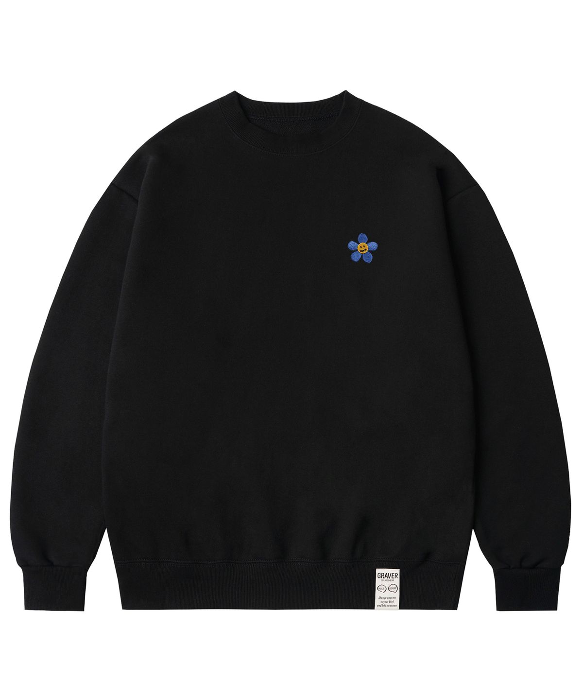 그레이버(GRAVER) [UNISEX]블루 플라워 스마일 자수 맨투맨_블랙