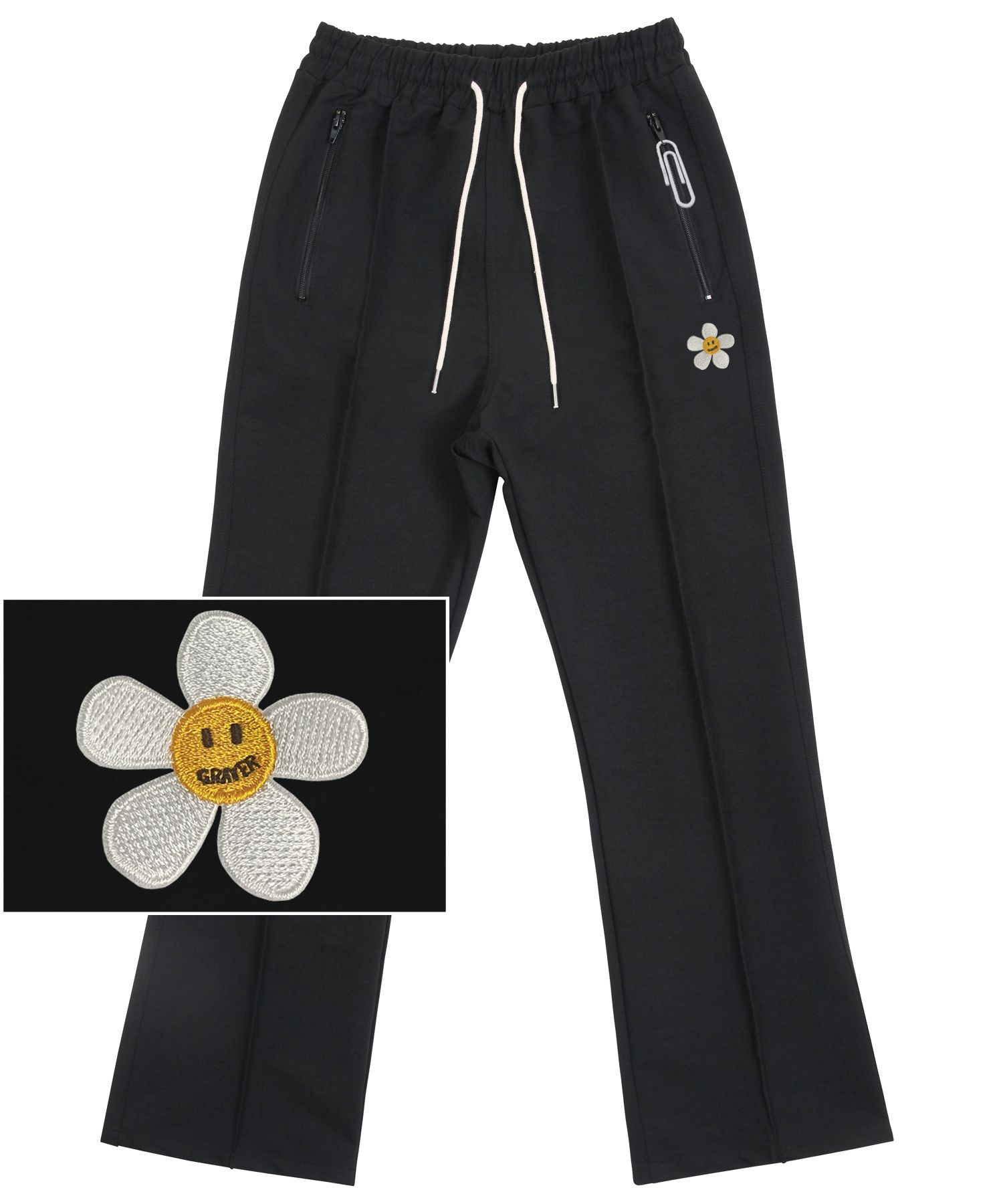 【GRAVER】White Flower Dot Embroidered Clip Bootcut Pants MUSINSA公式 | GRAVER [UNISEX] ZIPPER WHITE FLOWER WHITE CLIP