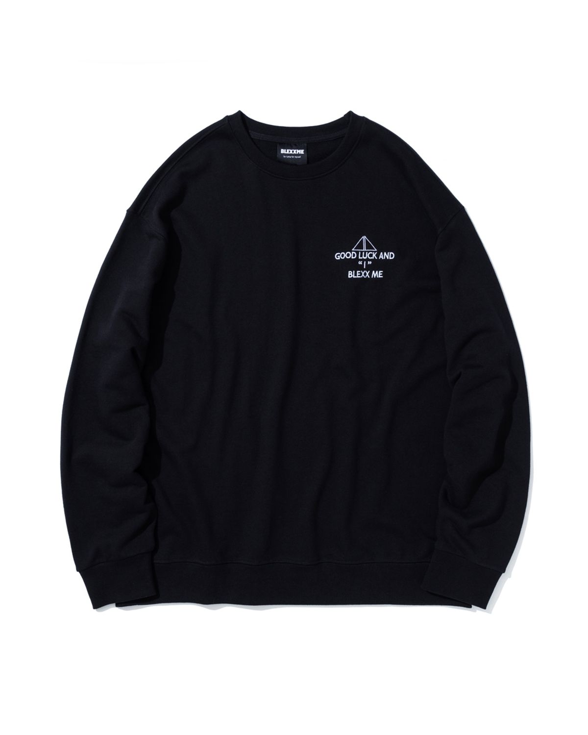 블랙스미(BLEXXME) GOOD LUCK AND  I  BLEXX ME OVERSIZE FIT SWEAT SHIRT BLACK