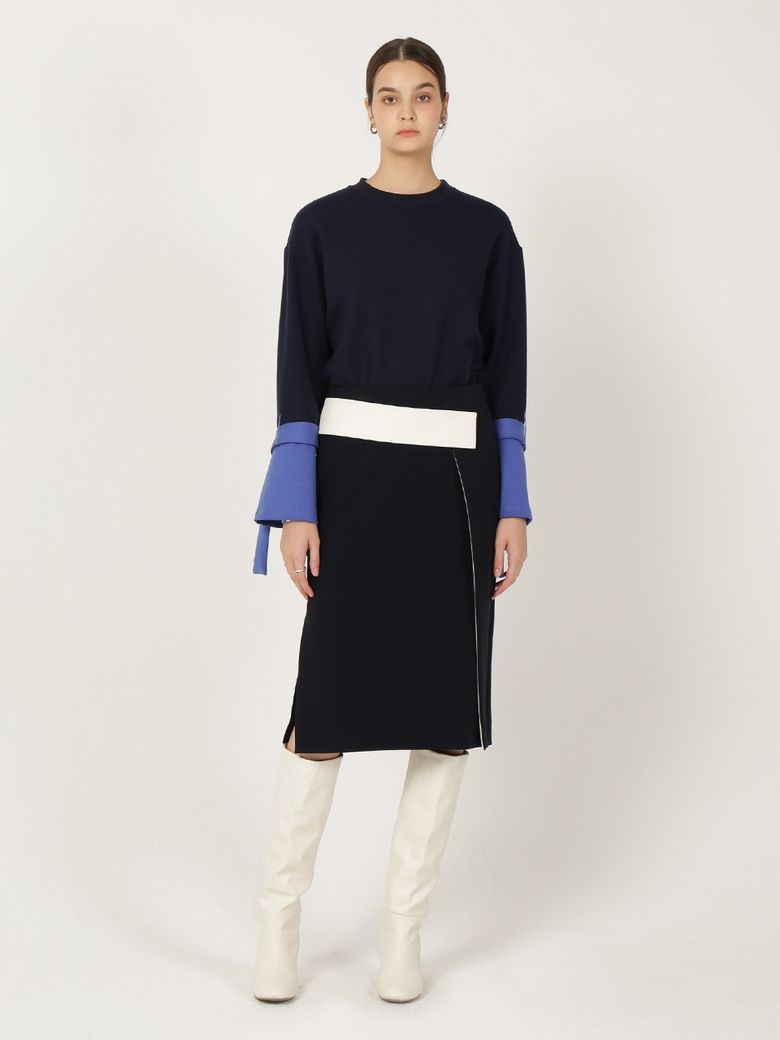 Color Block Midi Skirt_Navy 컬러 블럭 미디 스커트_네이비