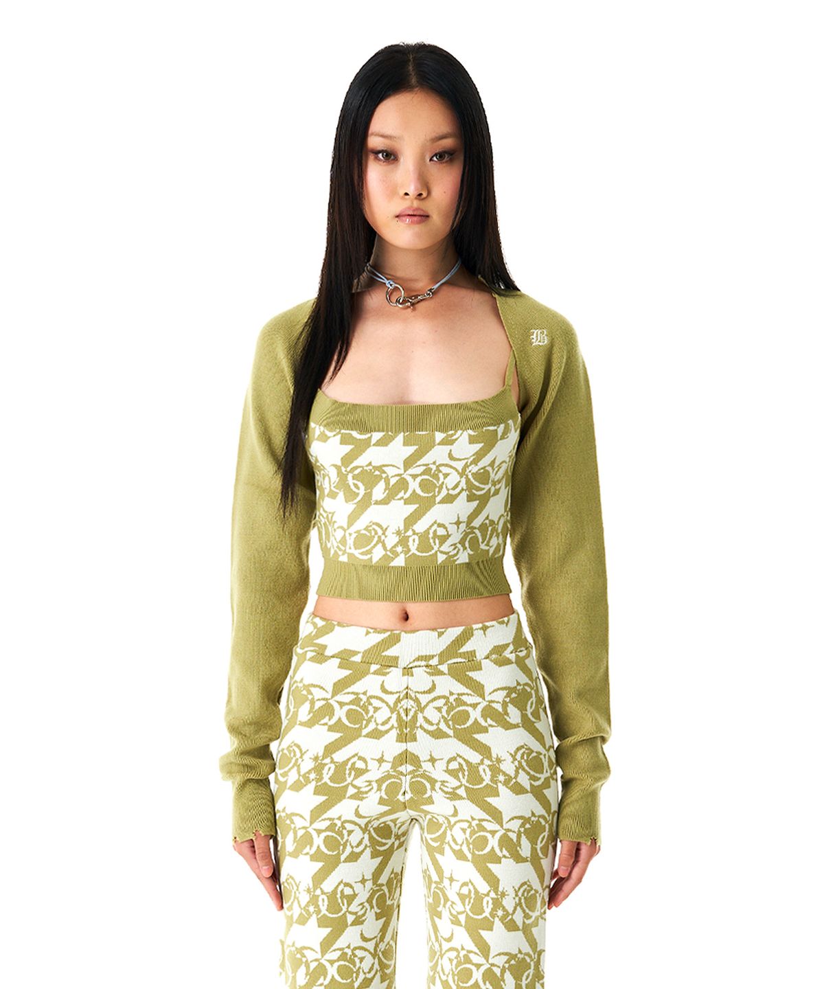 배디(BADEE) Damaged Bolero Cardigan Greenery