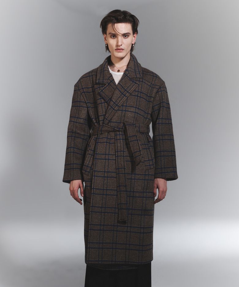 Wool Blended Check Double Robe Coat