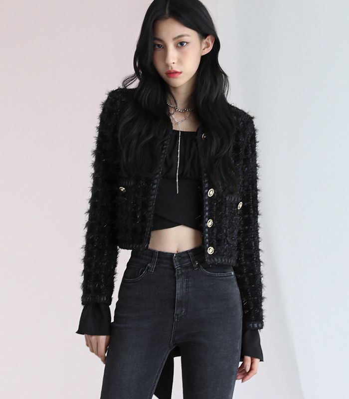 [AVANDRESS] TWEED CROPPED JACKET◆ 女性らしい MUSINSA | AVANDRESS BLACK TWEED CROPPED JACKET