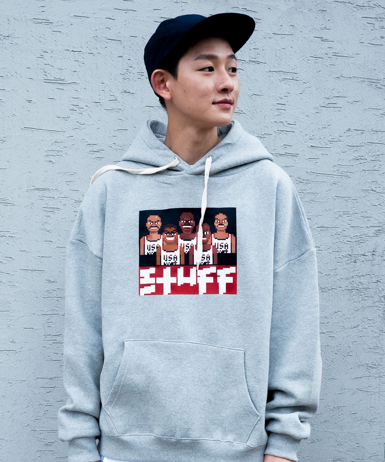 스터프x주재범 픽셀 96 드림 후드티 그레이