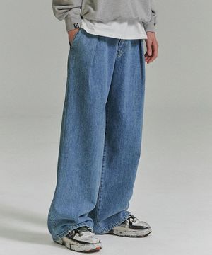 Banding One Tuck Wide Denim Pants - Deep Blue