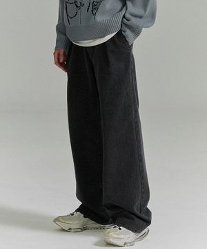 Banding One Tuck Wide Denim Pants - Black