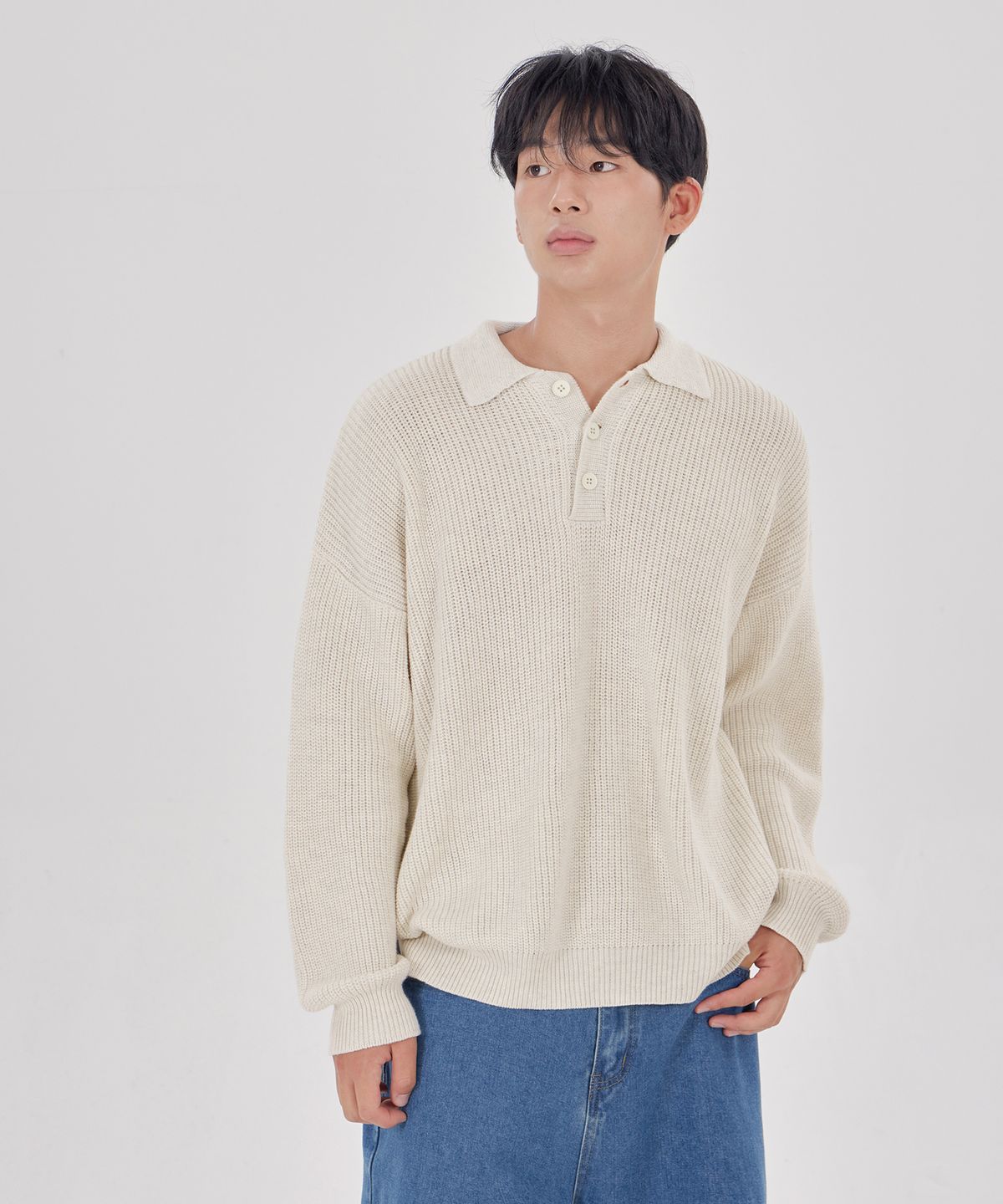 굿라이프웍스(GLW) 클래식 카라 헨리넥 스웨터 니트 아이보리