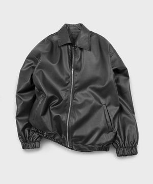 [페이크 레더]  오버핏 포켓 밴딩 점퍼_BLACK