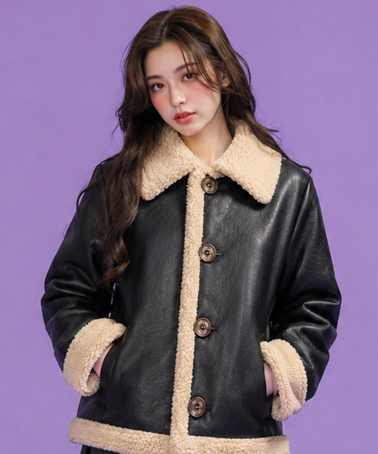 WOMEN 오버핏 무스탕 플리스 단추 자켓 Black_Beige [단추 ver.]