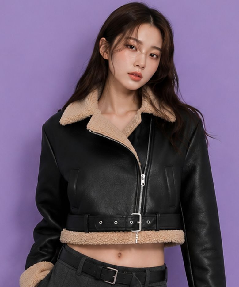 [벨트탈부착] WOMEN 크롭 오버핏 무스탕 플리스 자켓 Black_Beige [라이더 ver.]