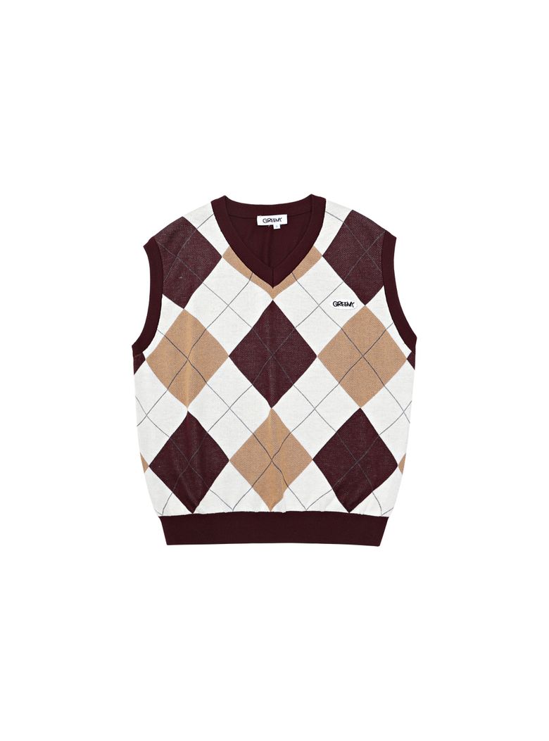 ARGYLE KNIT VEST(BURGUNDY)