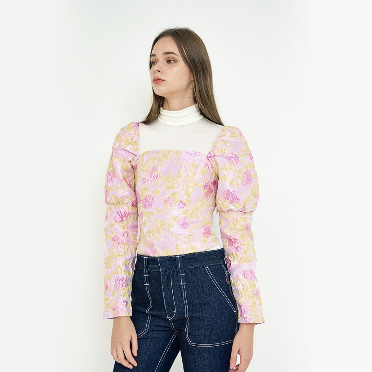 누댓(NUDAT) bulb long shoulder square neck blouse pink rose