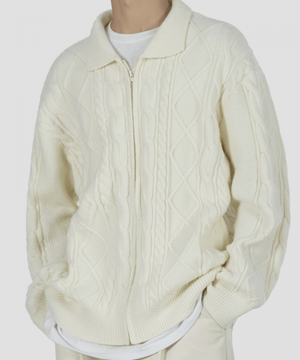 카라 케이블 니트 집업 아이보리