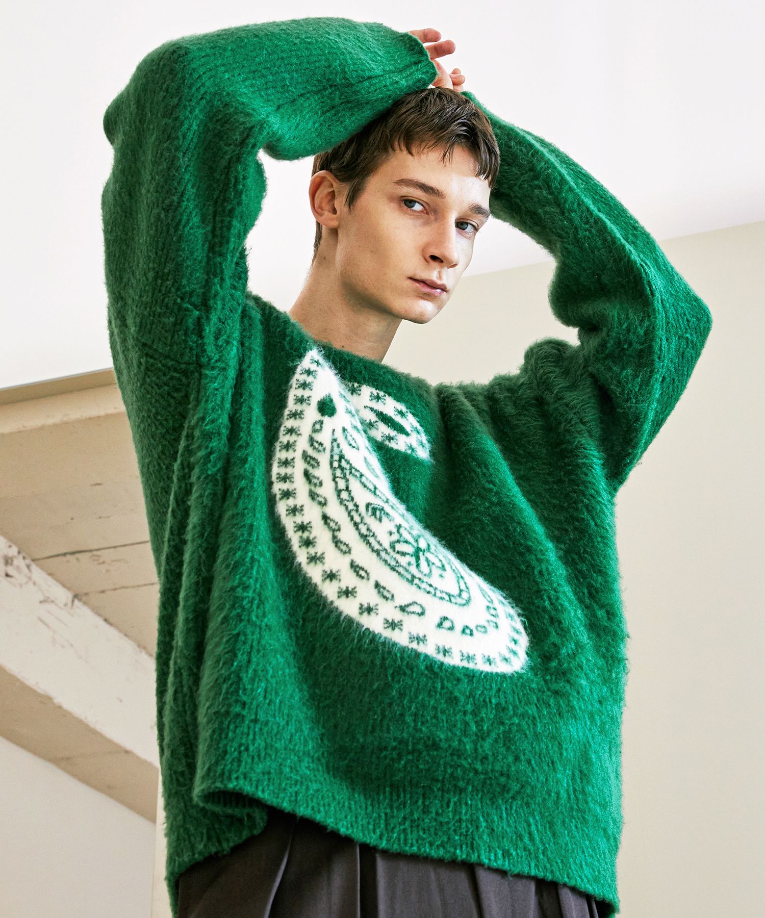 MUSINSA | KND Reversible Bulky Brush Paisley Sweater Green