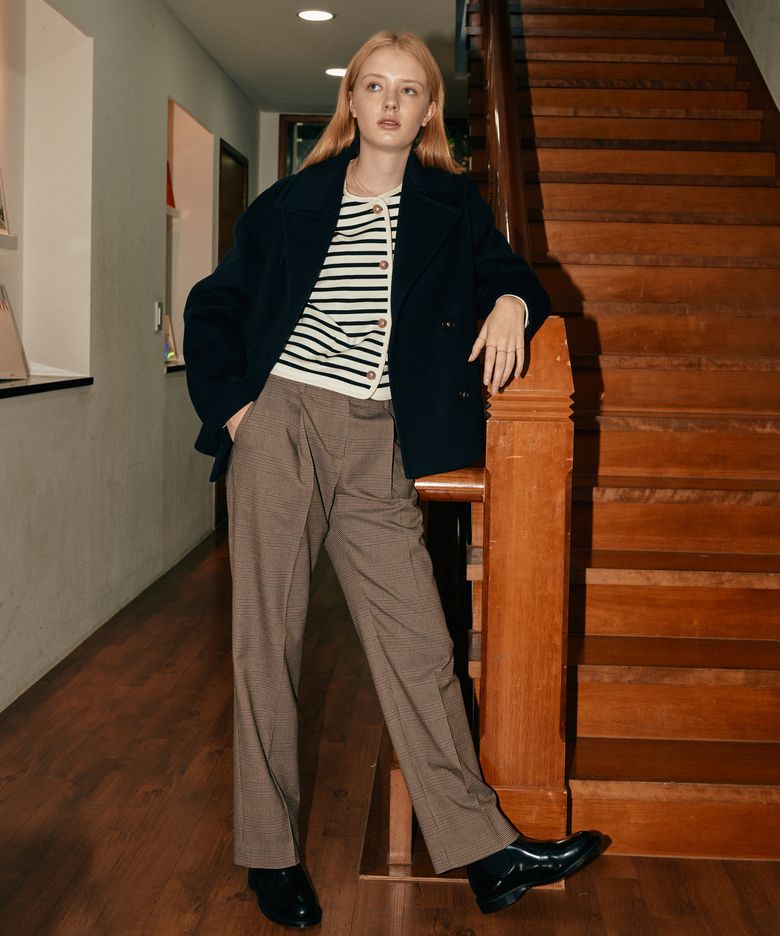 check tuck pants - brown