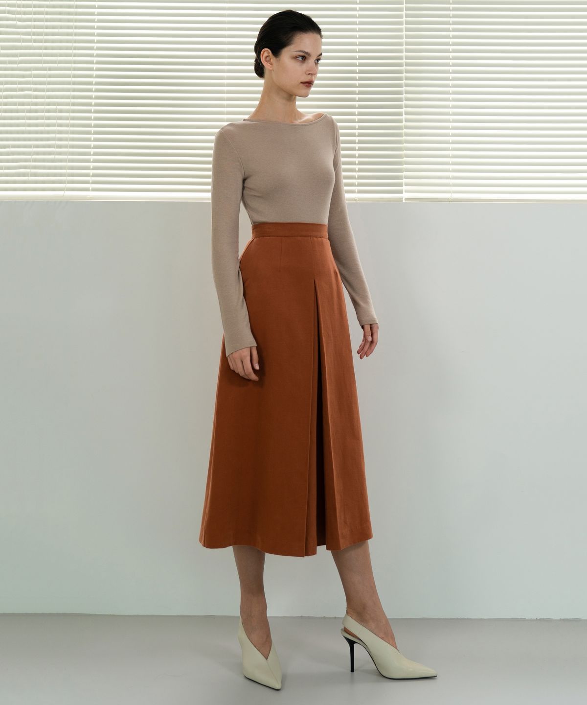 레트흐드레뚜왈(LETTRE DE LE TOILE) Cotton box pleated A-line skirt (brown)