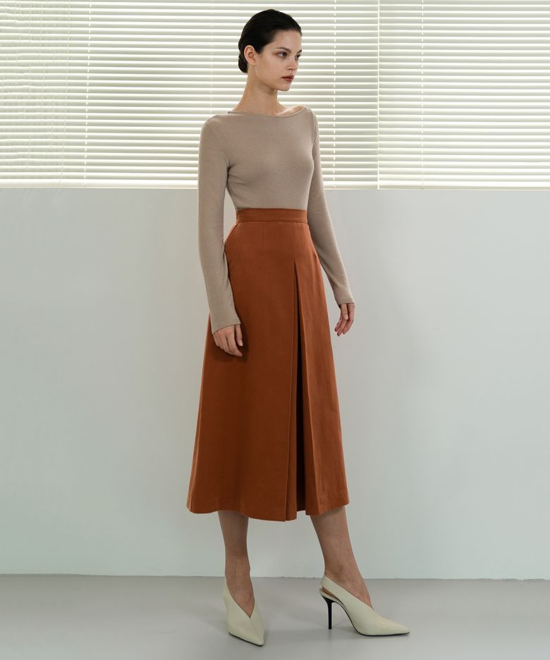 Cotton box pleated A-line skirt (brown)