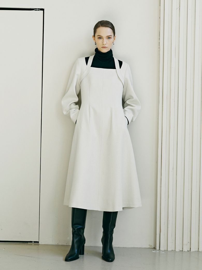 Square Neck Herringbone Dress - Cream