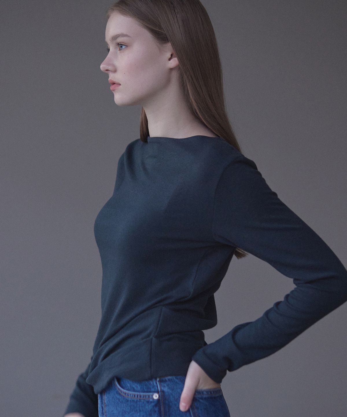 논로컬(NONLOCAL) Wool-tencel Drape T-shirt - Deep Forest