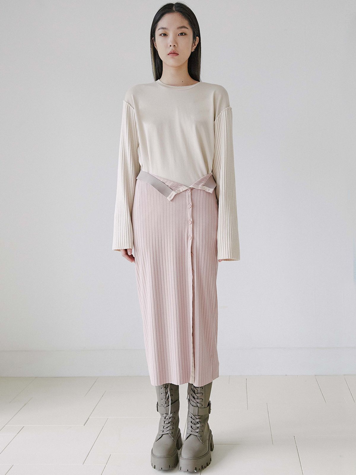 라비드(RA VIDE) FLUFF RIB LAYERED LONG TEE CREAM PINK