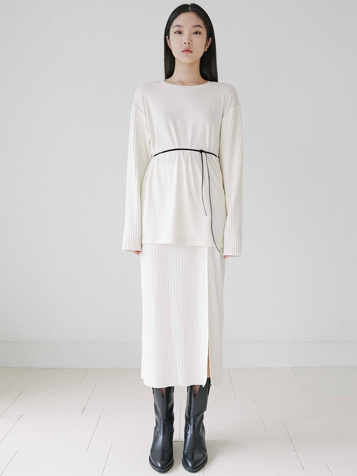 라비드(RA VIDE) FLUFF RIB LAYERED LONG TEE IVORY
