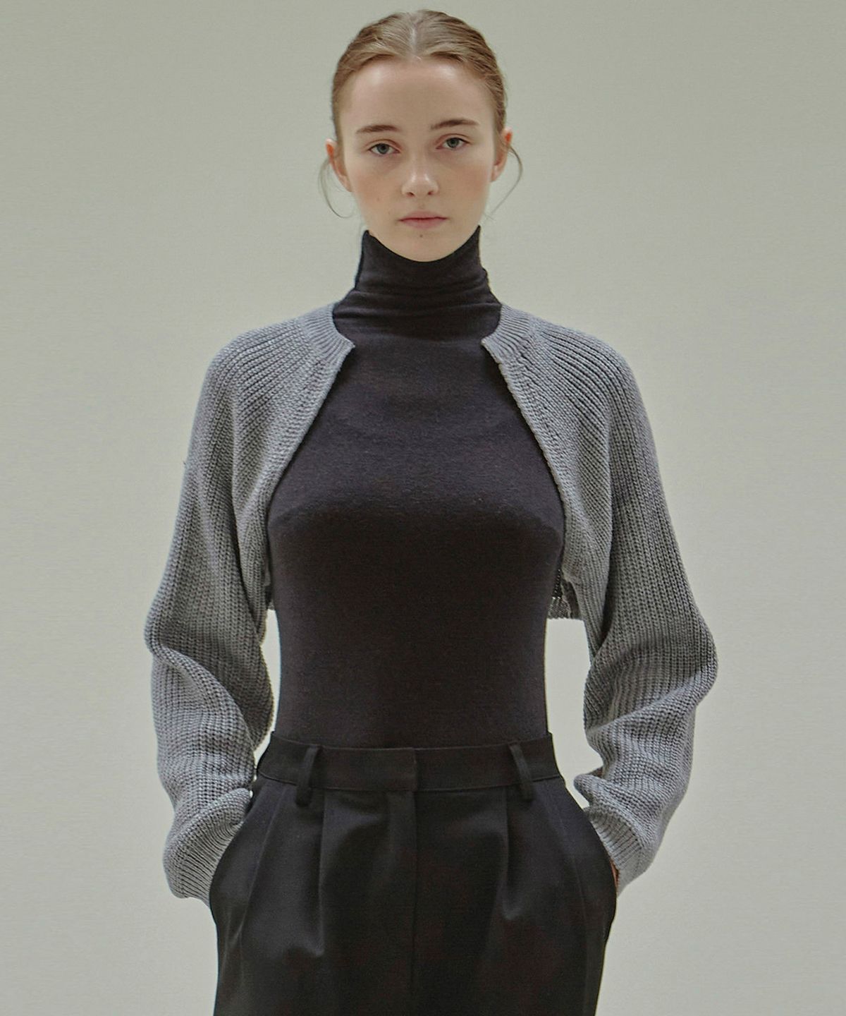 닉앤니콜(NICK&NICOLE) RIBBED KNIT BOLERO_GRAY