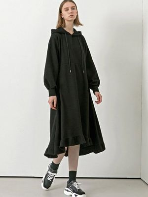 Hooded Frill Long Dress - Black (기모)