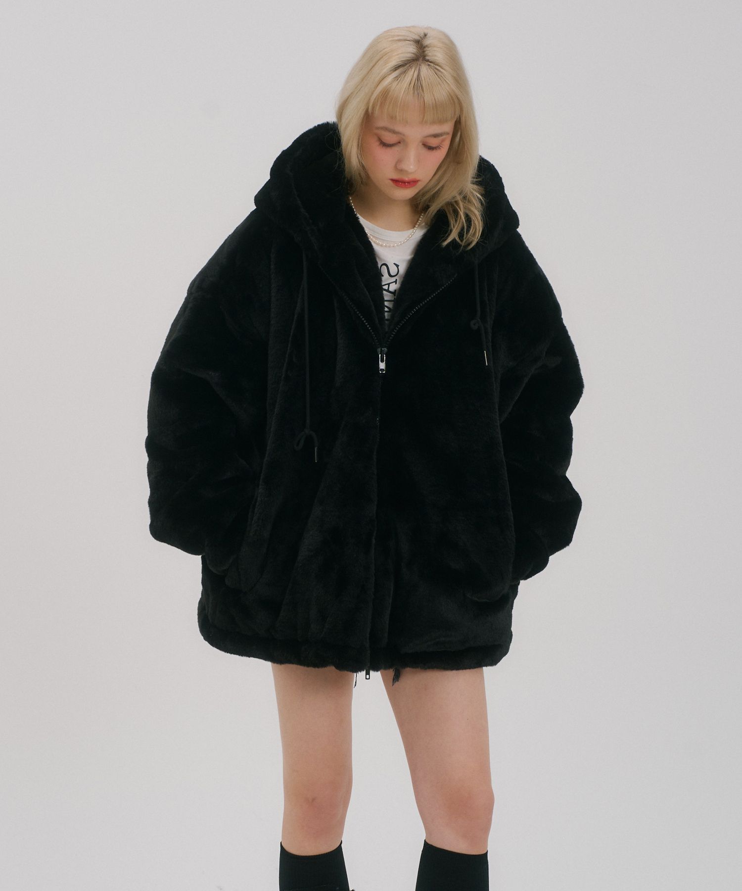 MUSINSA公式 | AWESOME STUDIO ミンクファーフードジャケットブラック