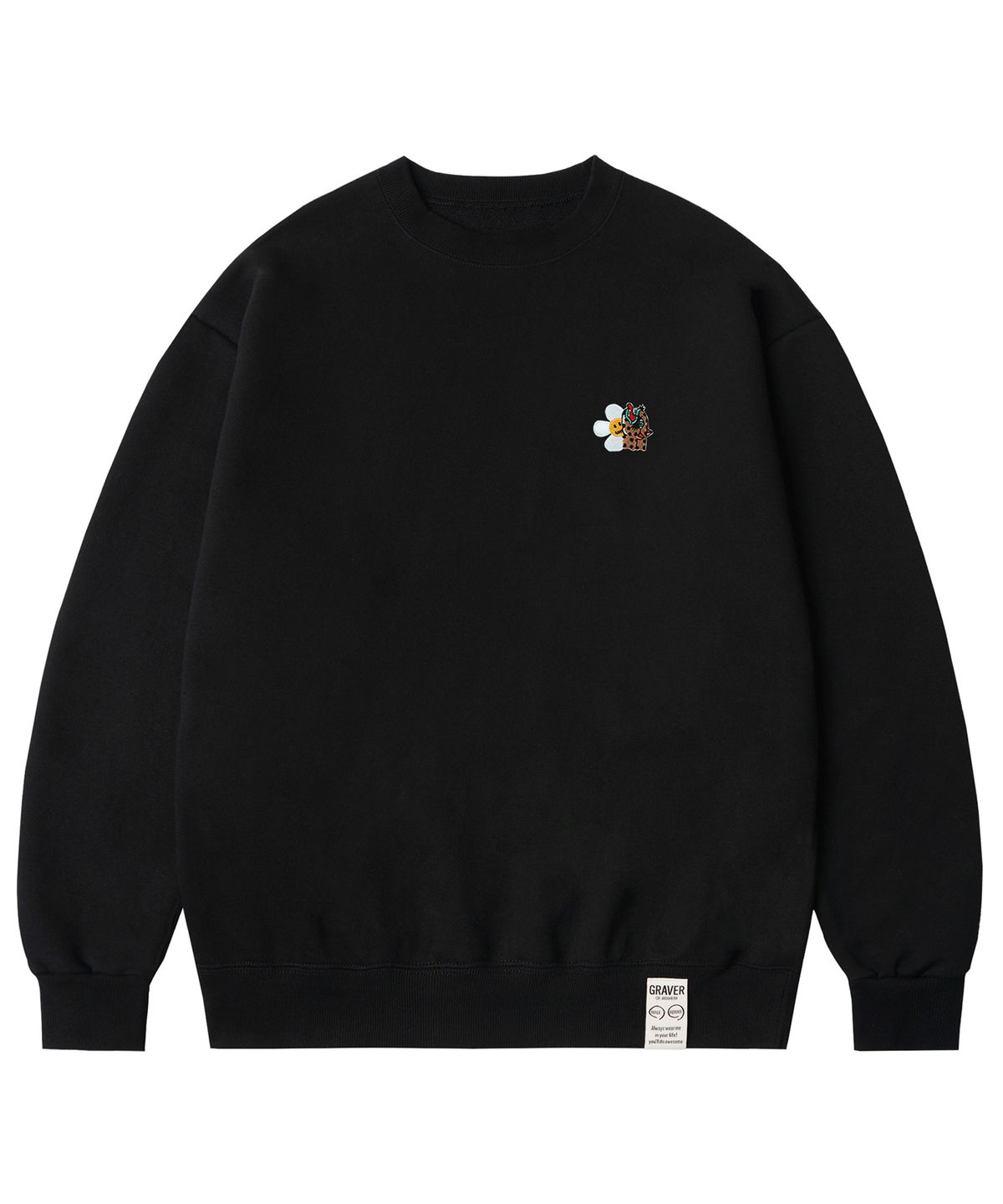 그레이버(GRAVER) [UNISEX]레오파드 플라워 스마일 자수 맨투맨_블랙