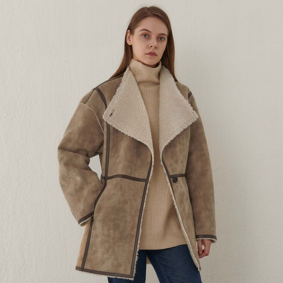핀블랙(PINBLACK) HIGH NECK OVERFIT MUSTANG HALF COAT BEIGE