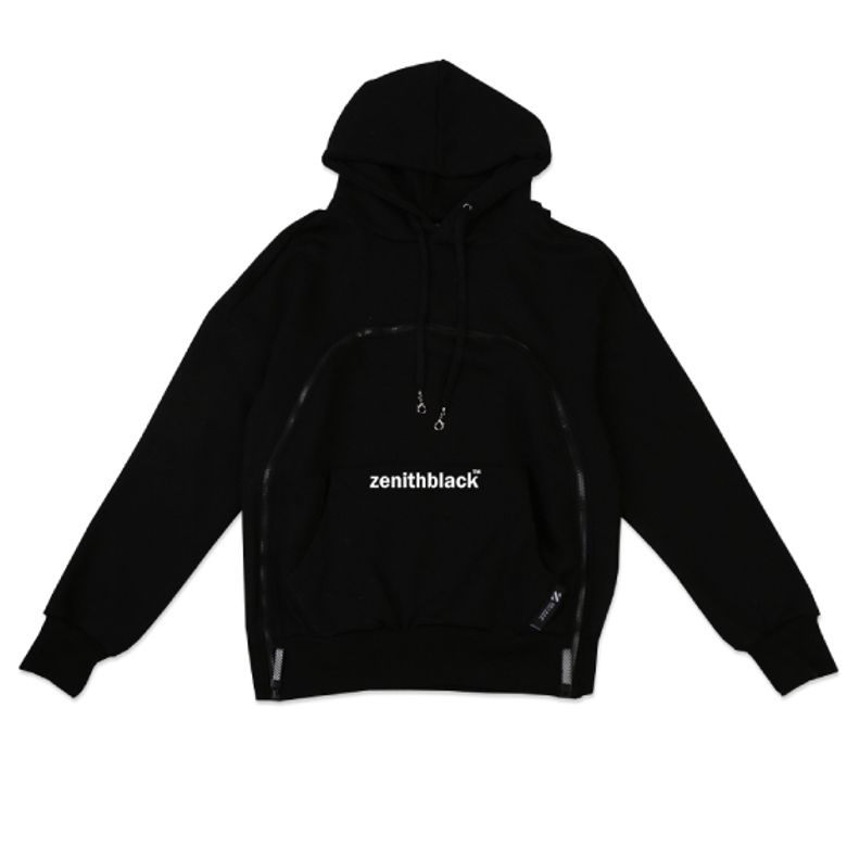 제니스 블랙 베이직로고 지퍼 프런트 기모 후드티셔츠(Black)