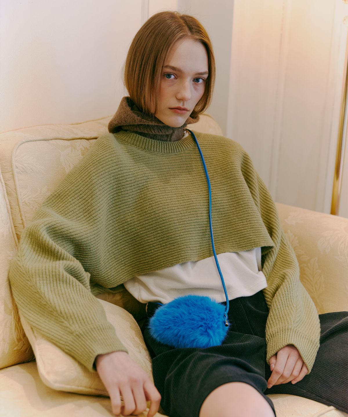 에트몽(ETMON) Round Crop Knit Top  Olive Green
