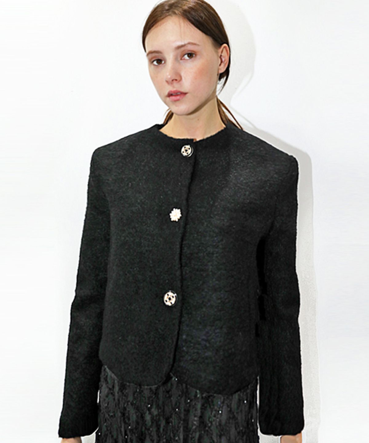 데미지니모닉(DAMAGE MNEMONIC) 컬링 울 라운드넥 블랙 자켓_Curling Wool BK JK