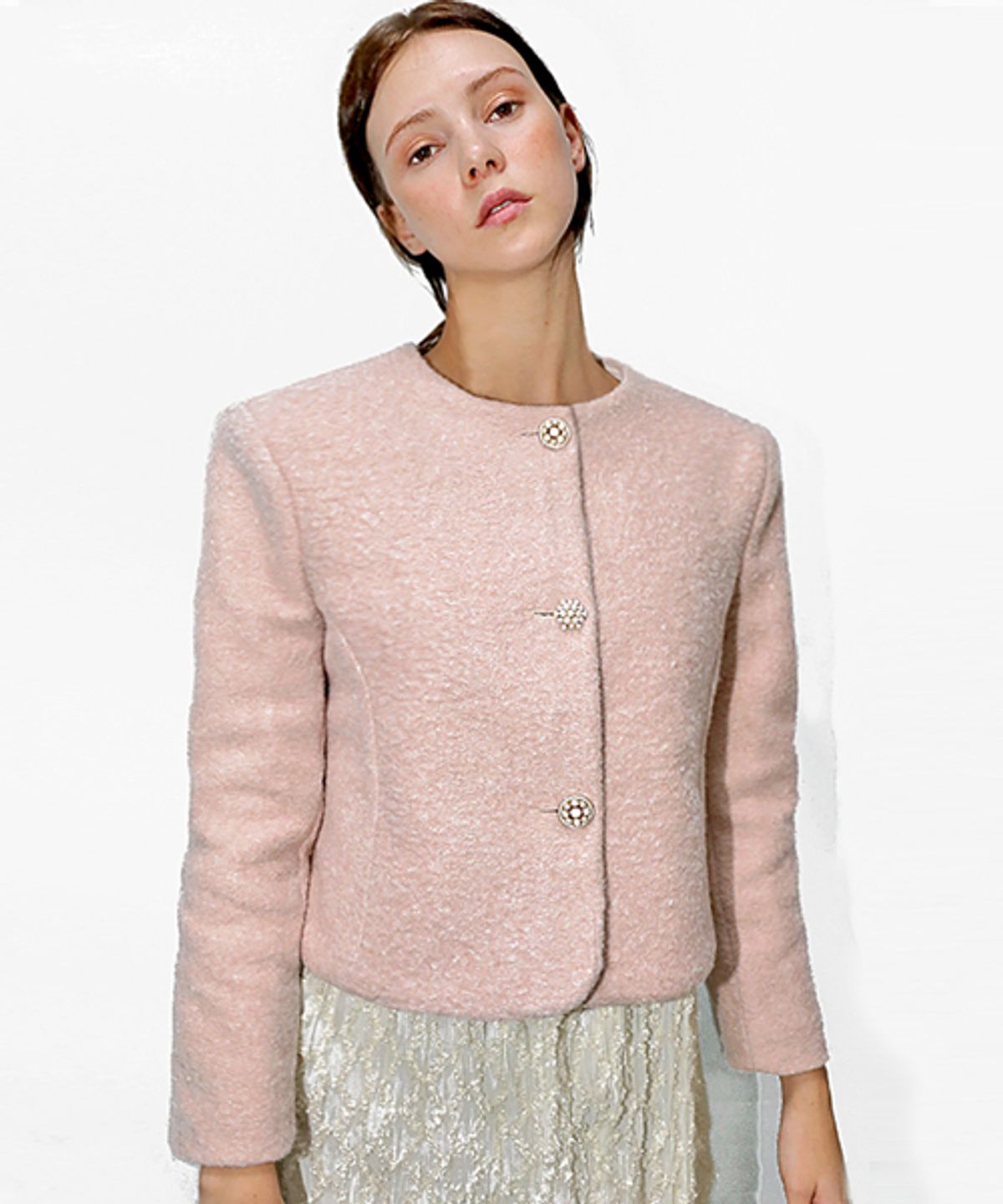데미지니모닉(DAMAGE MNEMONIC) 컬링 울 라운드넥 핑크 자켓_Curling Wool PK JK