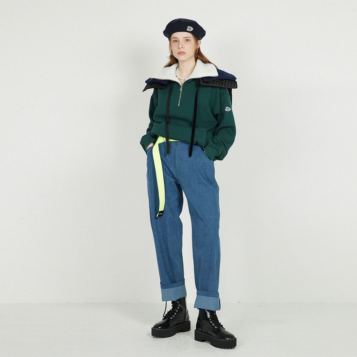 에프엠9102(FM91.02) FLEECE COLLAR HALF ZIP CREW_olive