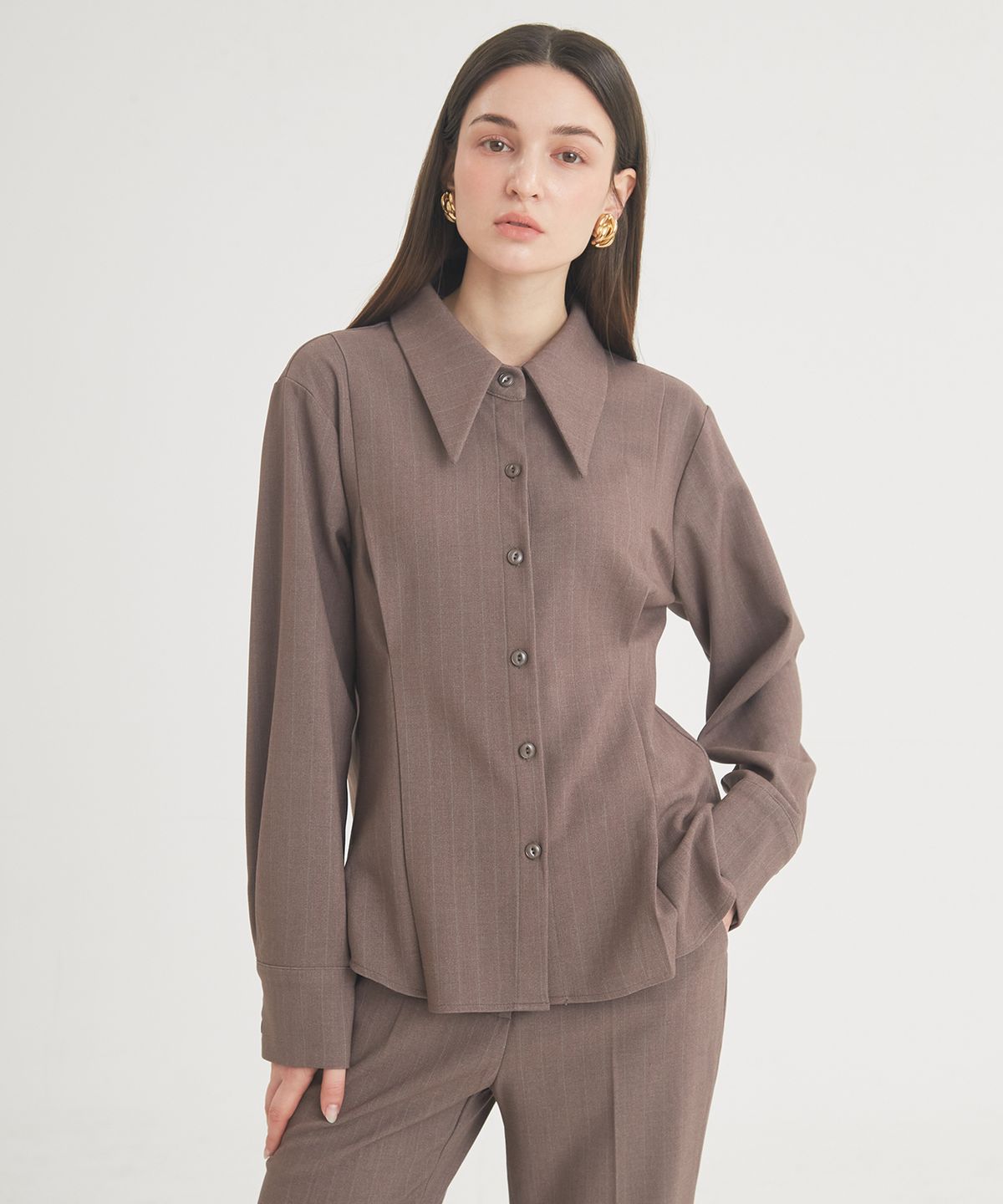 프라이하잇(THEFRHT) Wool Stripe Pintuck Shirt (Brown)