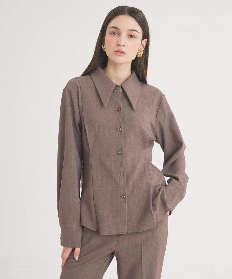 Wool Stripe Pintuck Shirt (Brown)