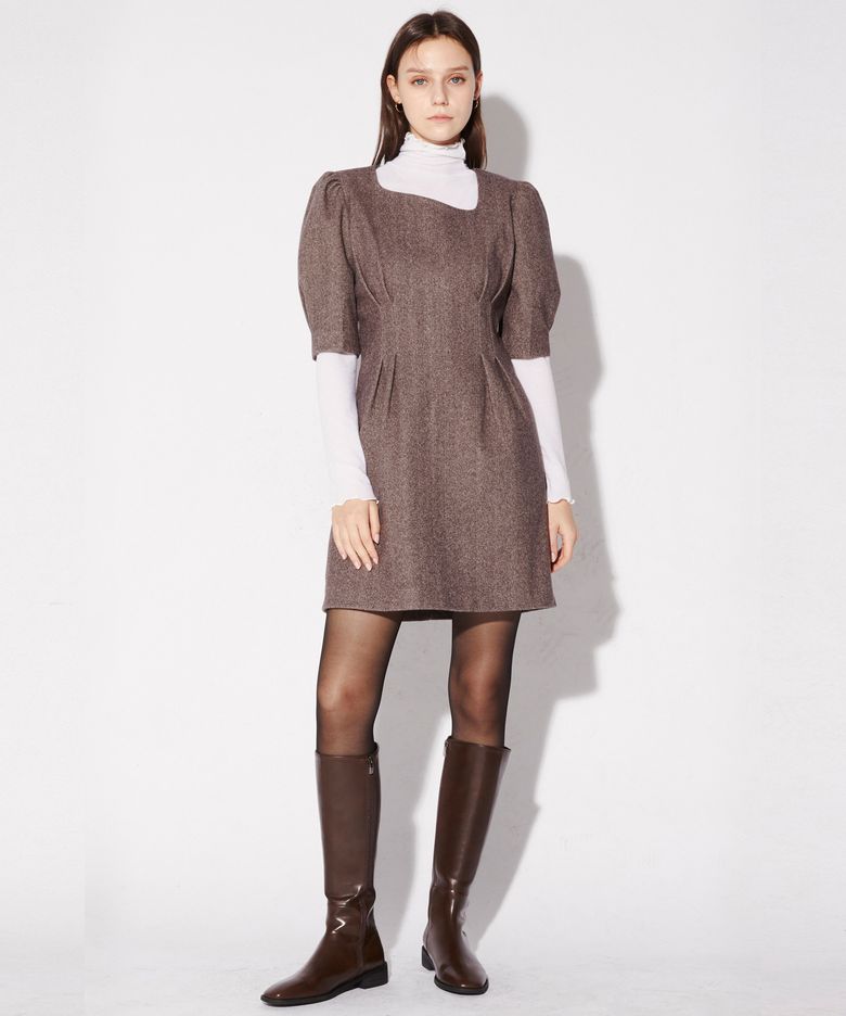 PUFF MINI DRESS - BROWN