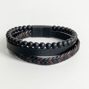 남성 패션 블랙+브라운 가죽 세줄 팔찌 MFJBM03