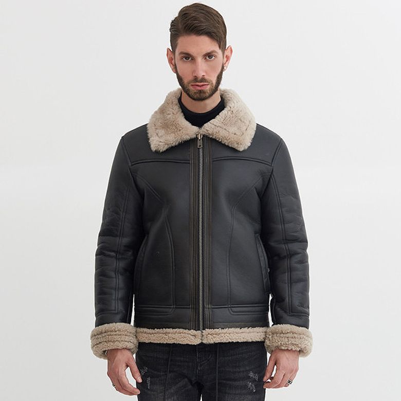 Contoured Lambskin Shearling Mouton Jacket (BLACK)