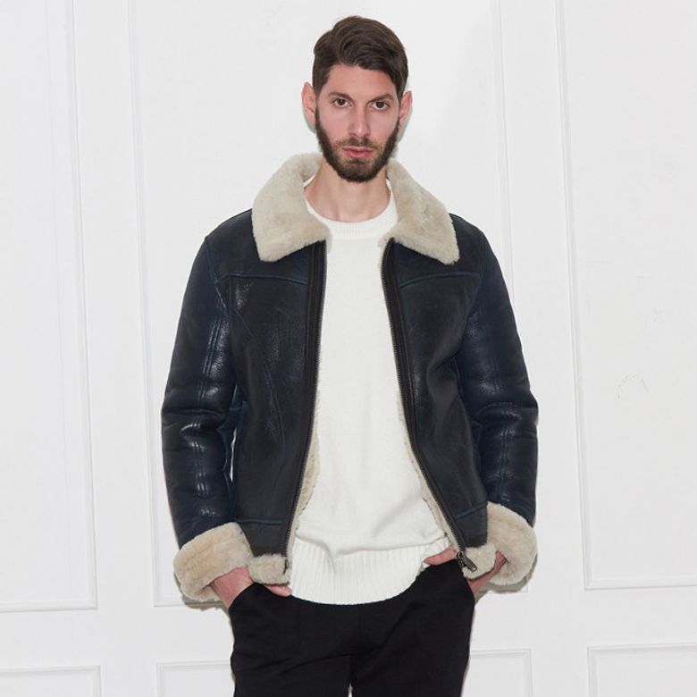 Contoured Lambskin Shearling Mouton Jacket (NAVY)