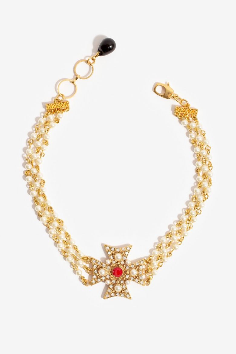 루비스톤 몰타십자가 & 진주체인 초커 목걸이 Dark Pink Stone Maltese Cross & Pearl Chain Choker Necklace