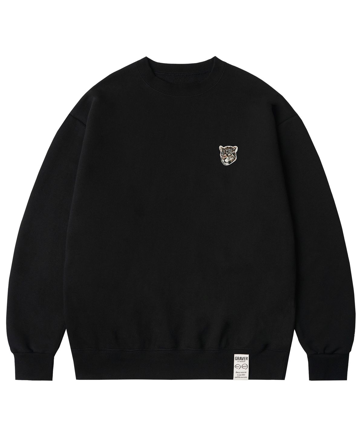 그레이버(GRAVER) [UNISEX]스몰 레오파드 자수 스마일 맨투맨_블랙
