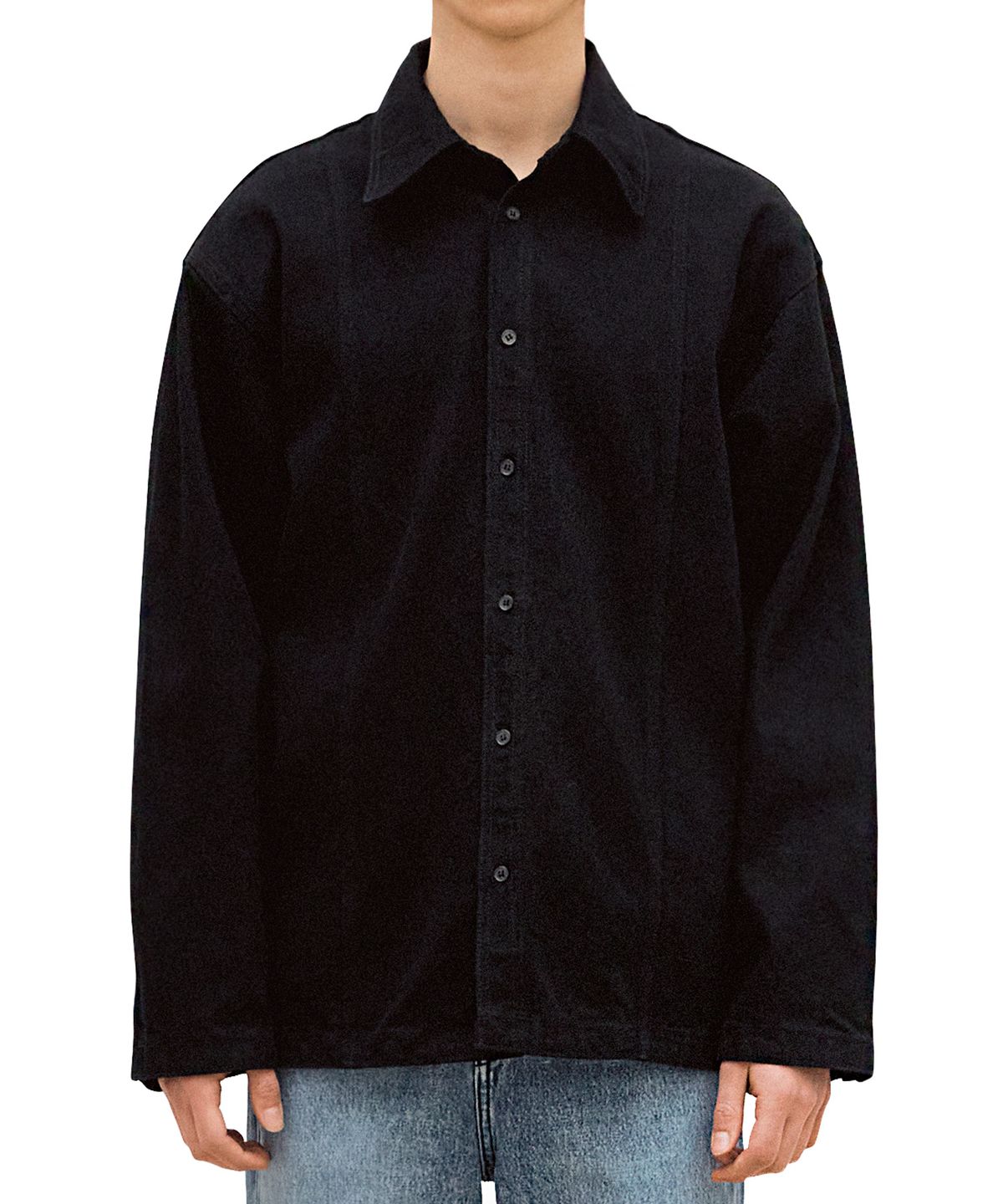 랩원오원(LAB101) 세미오버핏 사이드 라인 포켓 데님 셔켓 (BLACK)