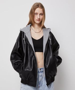 [후드 탈부착]9008 비건레더오버핏후드점퍼_블랙